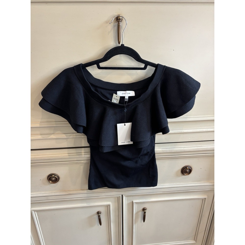 John + Jenn Black Ruffle Stretch Blouse Short Sleeve XS NWT‎ Round Neck Fancy